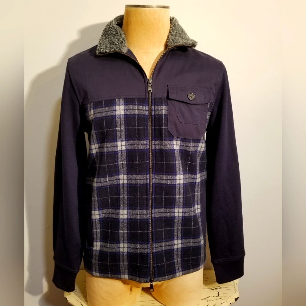 BANANA REPUBLIC PLAID JACKET WOOL COAT FAUX FUR SIZE M PREPPY COLLEGE OUTERWEAR